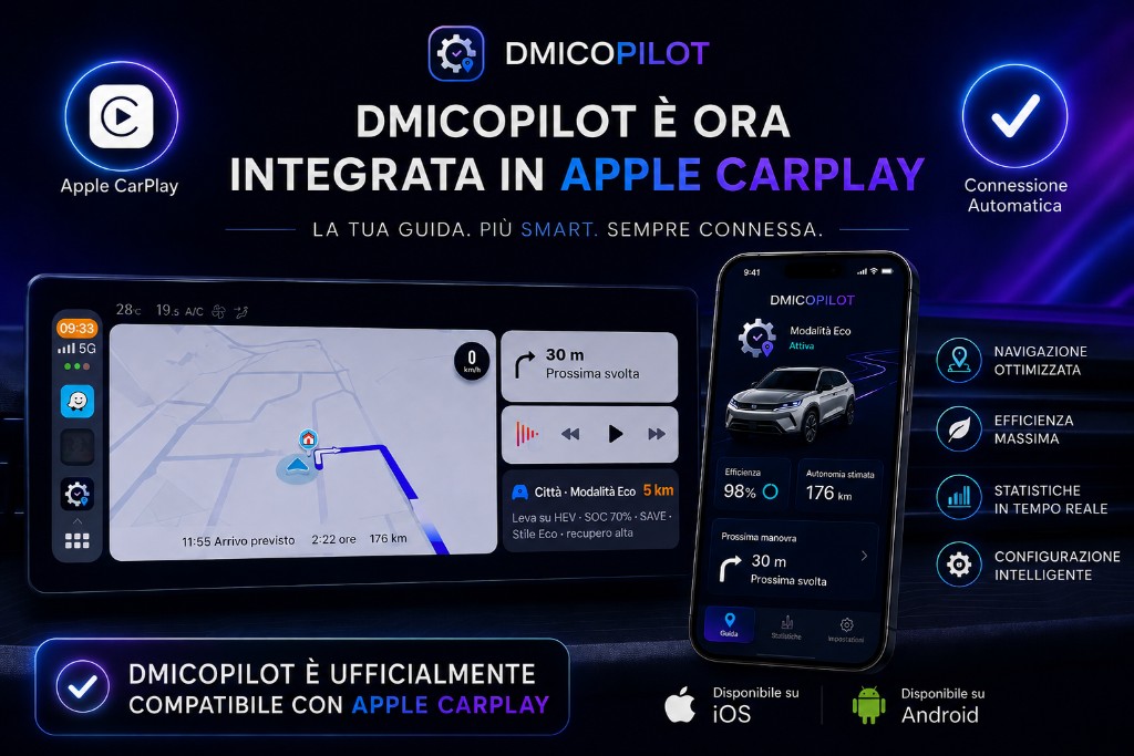 DMi Copilot integrata in Apple CarPlay — navigazione, modalità EV e SOC sul cruscotto