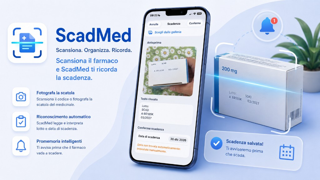 ScadMed al lavoro: scansione scatola, riconoscimento lotto e scadenza, promemoria intelligenti