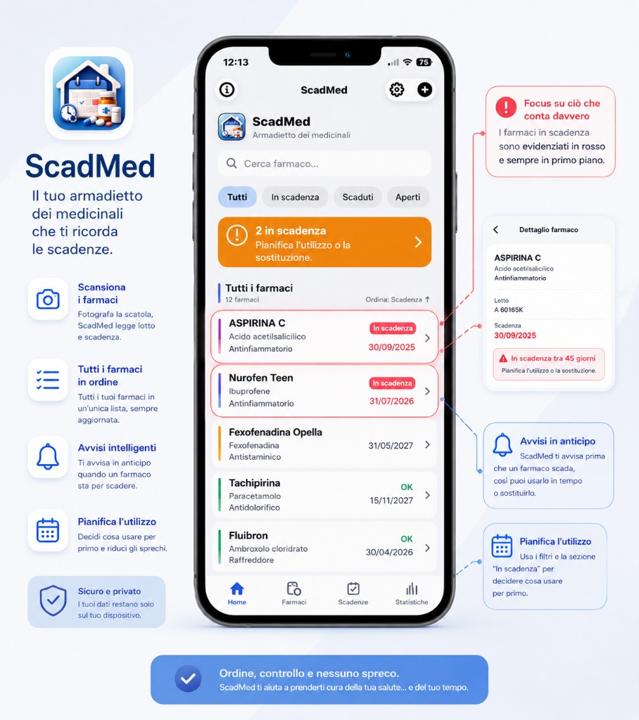 ScadMed in azione: armadietto organizzato, farmaci in scadenza in evidenza, avvisi e filtri